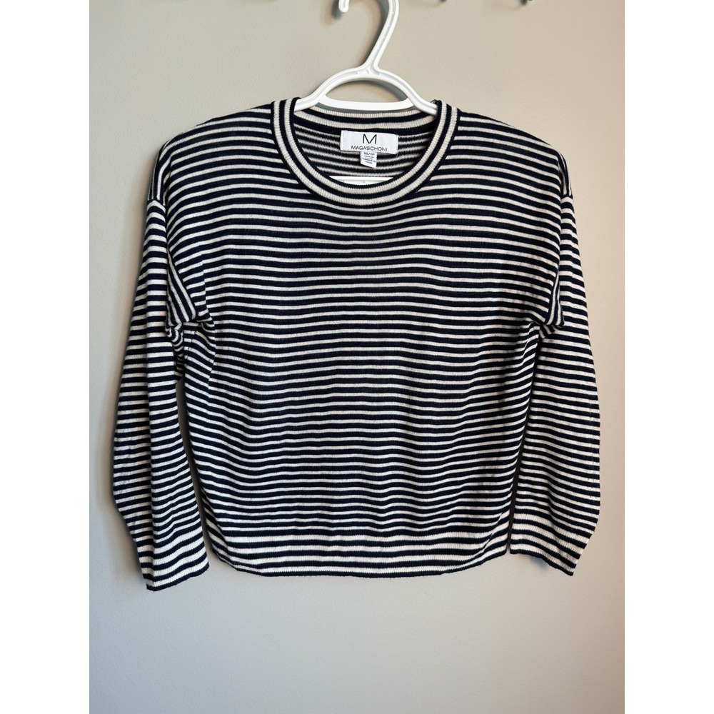 Magaschoni Womens Striped Crew Neck Long Sleeve Knit Sweater Nautical Preppy XS